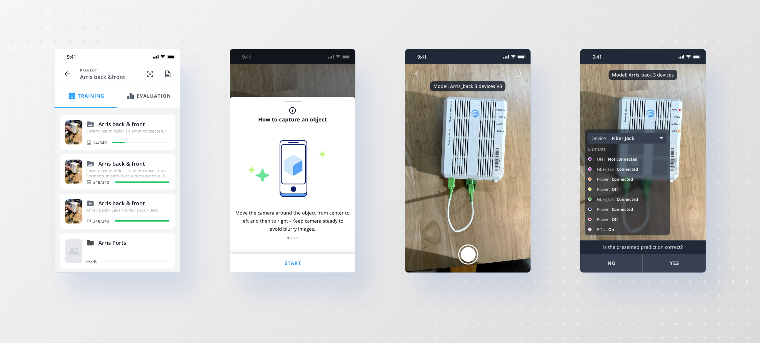 The Data Collection App: project folders with quota counts, capture instructions, capturing a device, and the model's prediction awaiting confirmation.